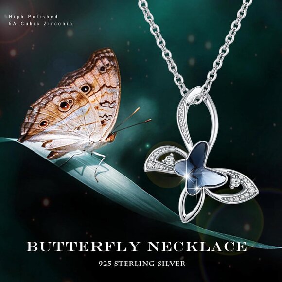 Blue Crystal Butterfly Pendant Necklace Sterling Silver Gift for Women Girls - Picture 6 of 7